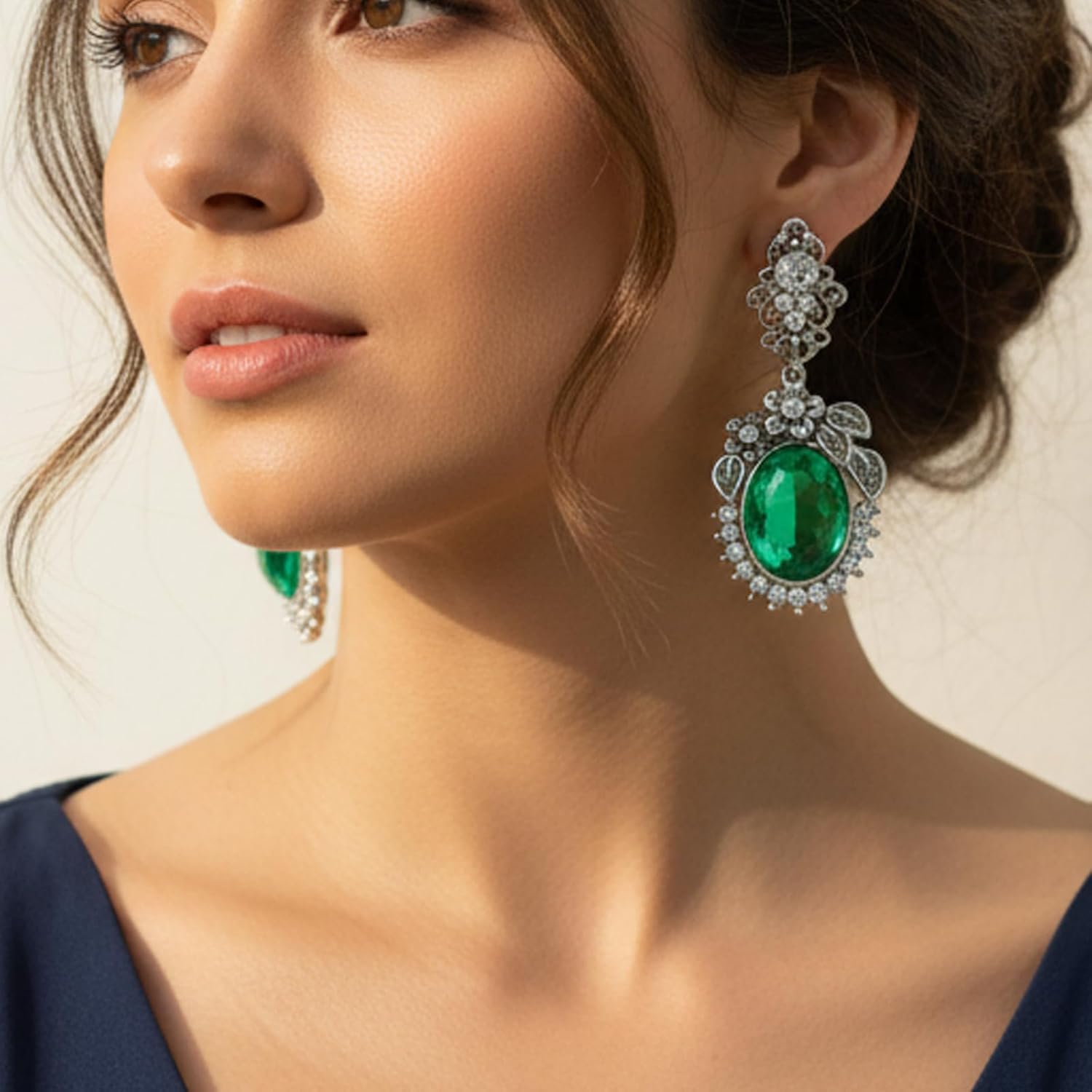 RITIM Emerald Vintage Drop Earrings for Women, Elegant Crystal Dangle Earrings, Victorian Estate Jewelry for Wedding, Party, for Her - Image 3