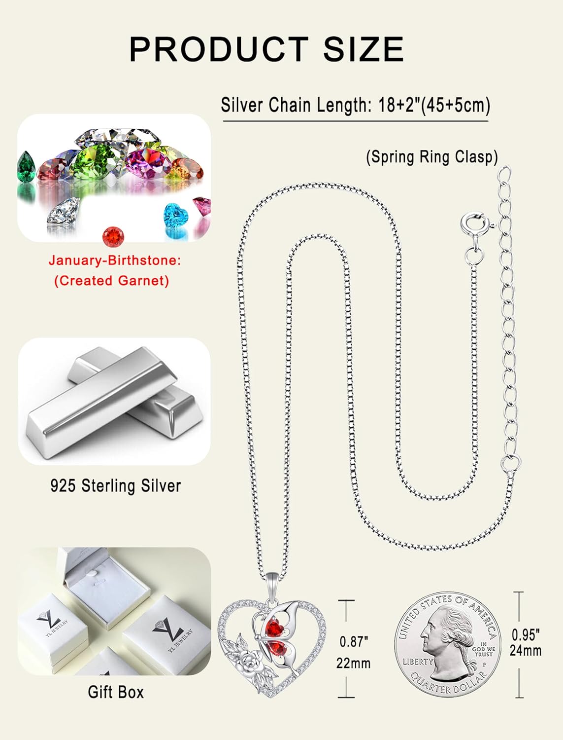 YL Women's Butterfly Necklace 925 Sterling Silver Flower Rose Pendant Birthstone Halo Jewelry - Image 6