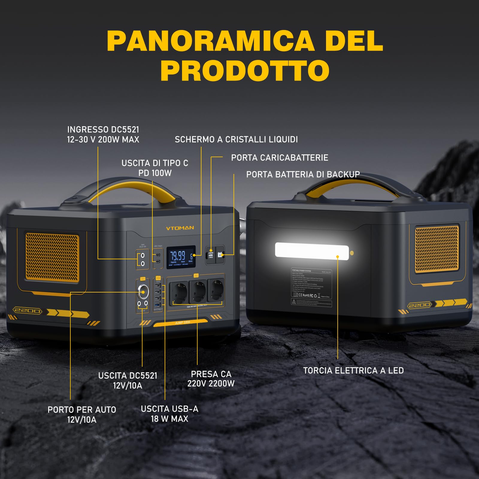 VTOMAN Jump 2200 Centrale Elettrica Portatile con 200W Pannello Solare | 2200W Generatore Solare(Picco 4400W), 1548Wh LiFePO4 Batteria, 12 Uscite, USB QC3.0, 3 prese CA, per Campeggio, Casa, Viaggi