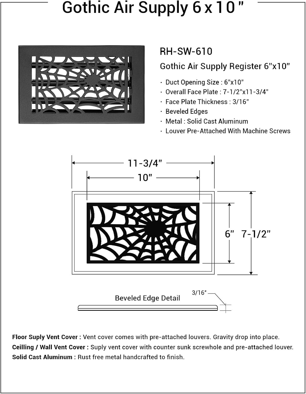 Spooky/Gothic 6"x10" Duct (7-1/2"x11-3/4" Overall Size) Solid Cast Aluminum HVAC Air Supply Grill for Wall-Black with Screw Holes with Detachable Steel Louver | Powder Coated