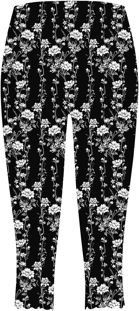 Womens Floral Scalloped Capri Leggings Cropped Skinny Pants | Rose Pattern Calf Length Tights, Wavy Hem Stretchy Athletic Bottoms, for Beach Vacation Daily Walk Summer Casual Wear