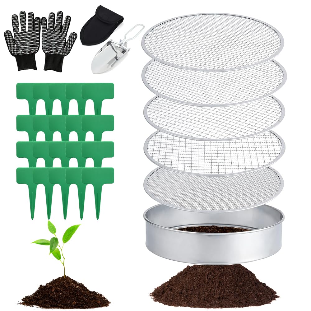 Gartensieb Rund, 5 in1 Gartensieb Edelstahl 20 cm, mit 5 Austauschbare Siebeinsätze Ø 3,6,9,10,12 mm, kompostsieb rund metall, inklusive Gartenschaufel und 20 Pflanzenetiketten 1 Paar Handschuhe.