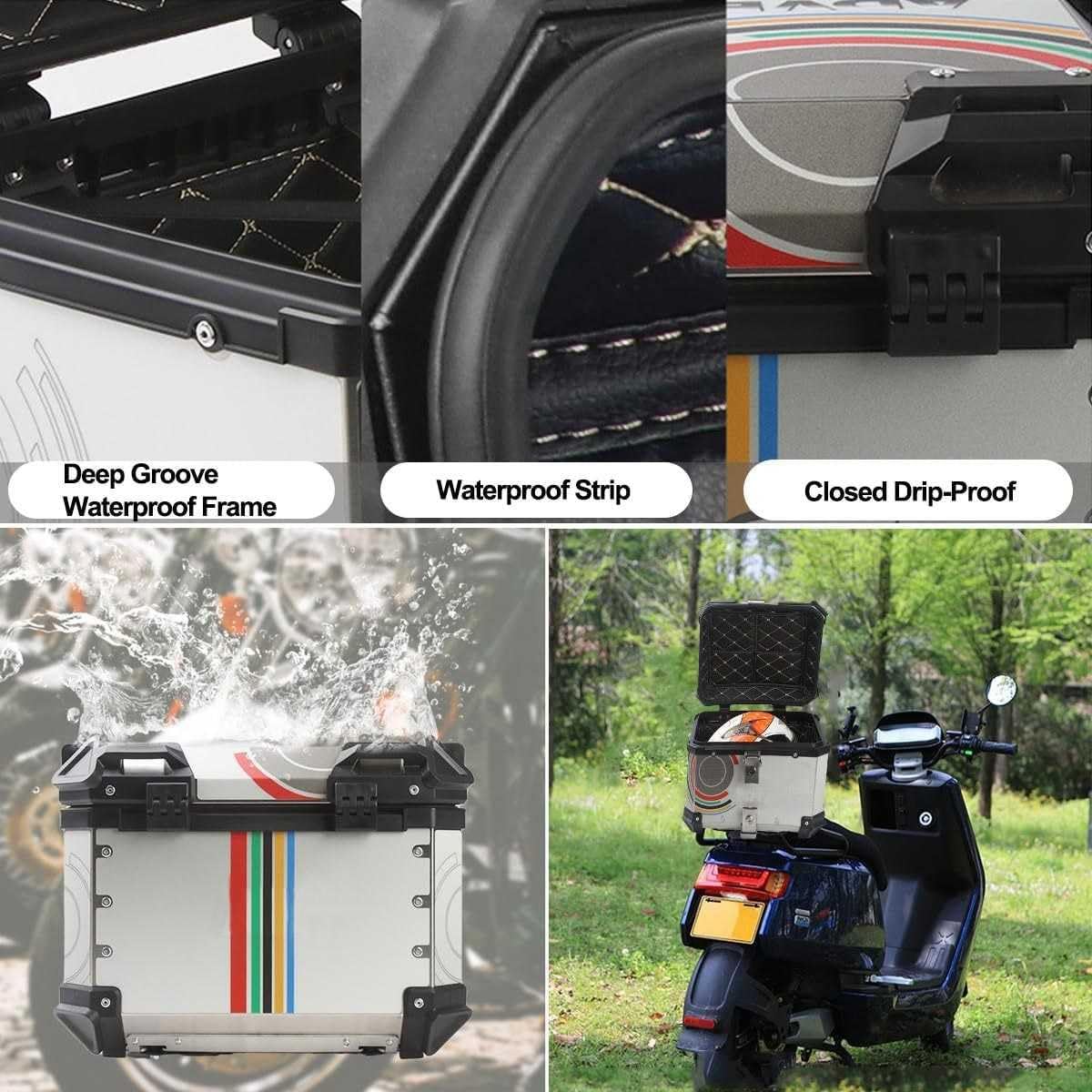 Bauletto per moto, Bauletto per moto resistente, Baule per casco da tour in alluminio Baule per moto Baule per bagagli da negozio, Custodia per trasporto con fodera in pelle Impermeabile con blocco di