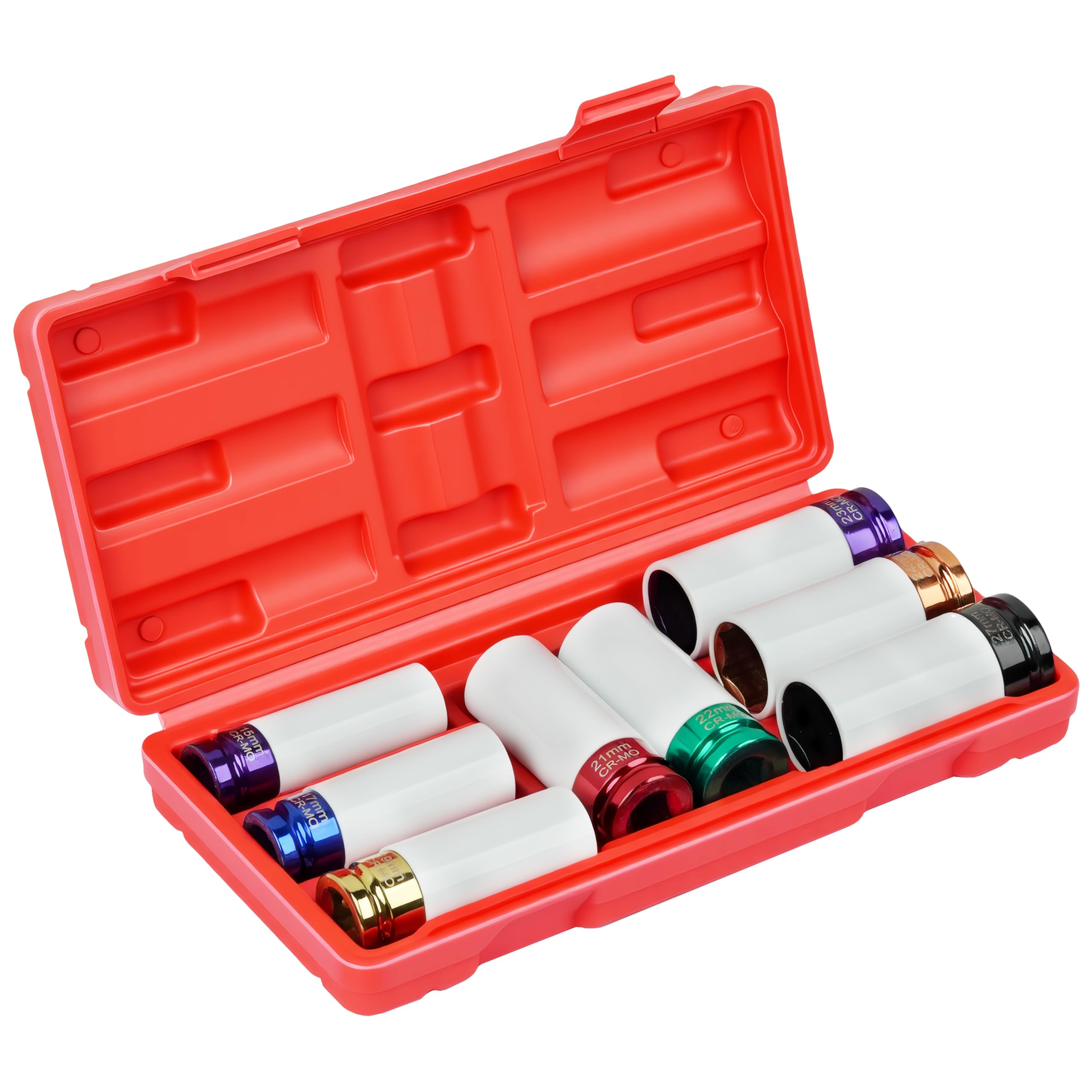 Set di 8 bussole a impatto per ruota motrice da 1/2", extra sottile, 6 punti, metriche, 15 mm, 17 mm, 19 mm, 21 mm, 22 mm, 23 mm, 24 mm, 27 mm