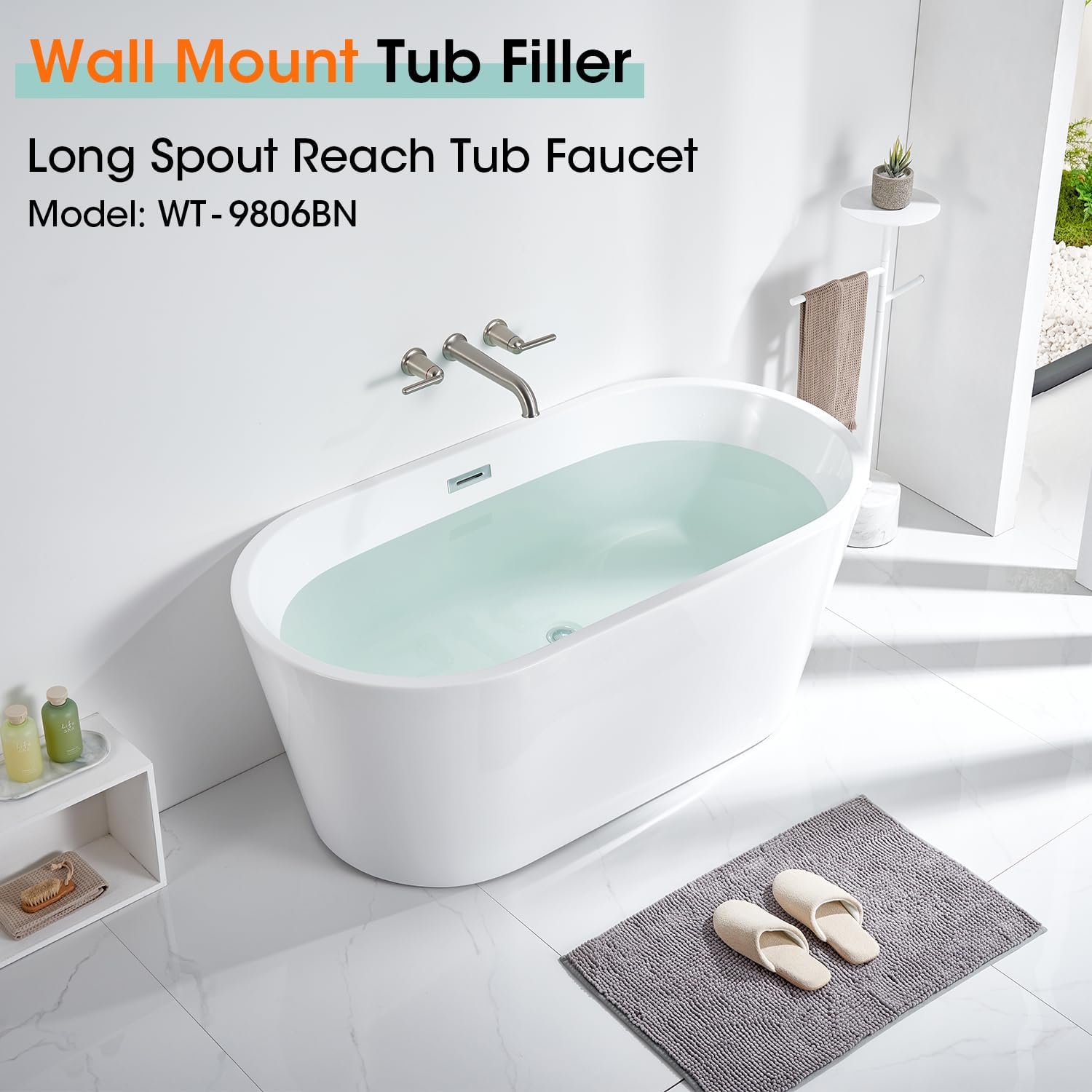 Wall Mount Tub Filler Long Spout Reach Tub Faucet with Rough-in Valve High Flow Tub Faucets 2-Handle Wall Mounted Bathtub Faucet Brass Roman Bath Tub Faucet Set Brushed Nickel (WT-9806BN)