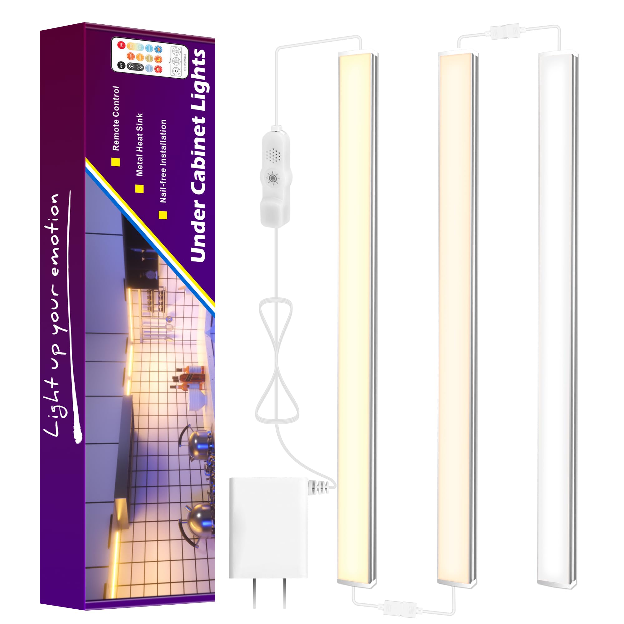 maylit Under Cabinet Lights Plug in, 3 Pcs 12 Inch Multi-Color Under Cabinet Lighting, Bright Under Counter Lights for Kitchen, Ultra Thin Dimmable Light for Cabinet, Counter, Workbench, Desk