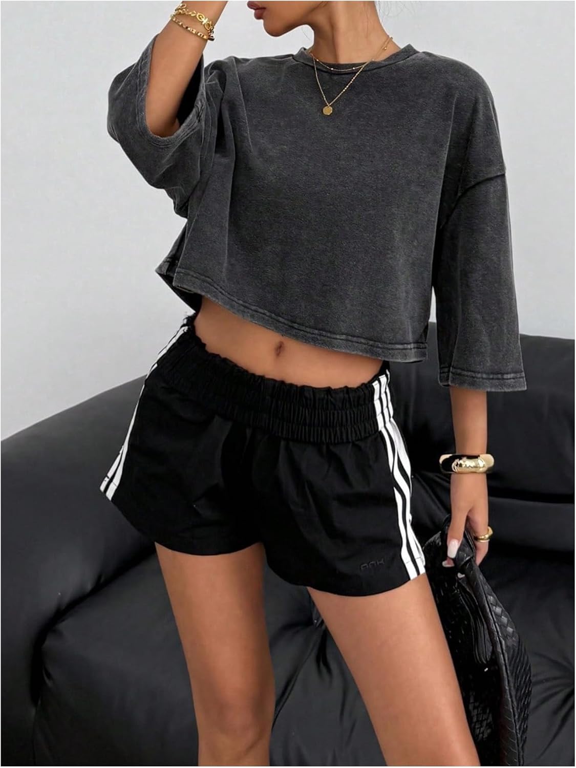 Women's 3/4 Sleeve Oversized Tshirts Vintage Washed Crew Neck Loose Fit Crop Tops - Image 2
