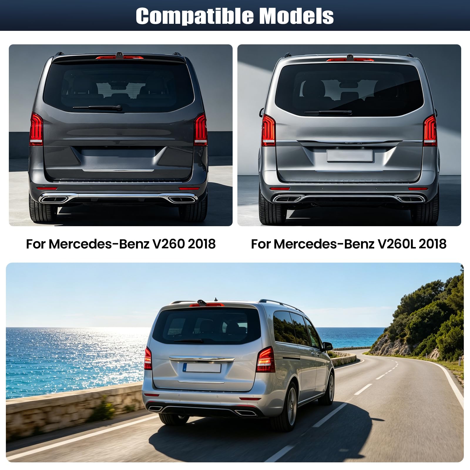 CAMECHO Visione Notturna Telecamera Posteriore con Luce Stop per Mercedes-Benz V260 2018 / Mercedes-Benz V260L 2018 Telecamera di Retromarcia con HD/CVBS IP67 140°, Linee Guida per il Parcheggio