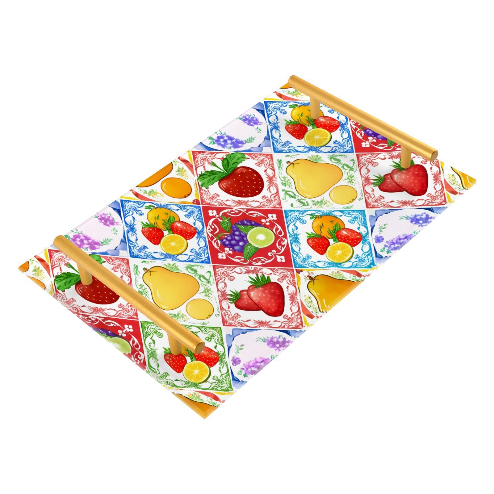GUIJI Fruit Patchwork Acrylic Tray, Perfume Cosmetic Jewelry Decorative Trays Bathtub Organizer, Living Room Kitchen Serving Tray with Gold Handles
