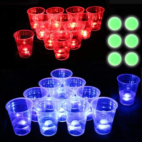 Six Senses Media The Dark Beer Pong - Juego de tazas de fiesta de Beer Pong, vasos LED de cerveza y bolas que brillan en la oscuridad, juego de 22