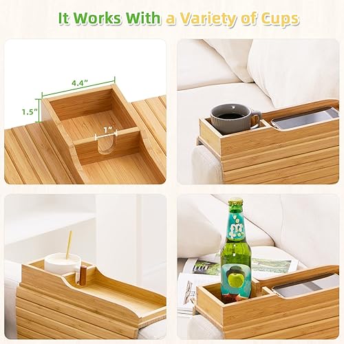 Miniatura 6 de GEHE Soporte para taza de sofá, soporte para bebidas de sofá que se cae, bandeja de bambú natural para reposabrazos, más seguro para tu familia,