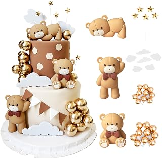 Cute Bear theme birthday cake decoration, party supplies, cake topper, containing 3 bears, 20 golden orb, 6 clouds, 5 stars. Can be cleaned and applied repeatedly