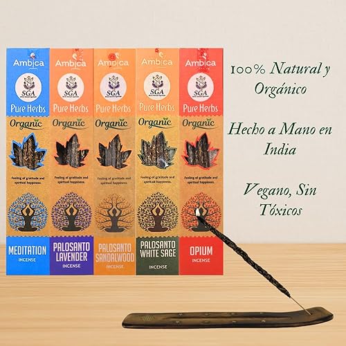 Ambica Organic Herbal Incense Pack - 7 Sets of 3 Sticks Each - 25cm - Palo Santo with White Sage, Cinnamon, Lavender - Meditation, Purification, Relaxation - 9