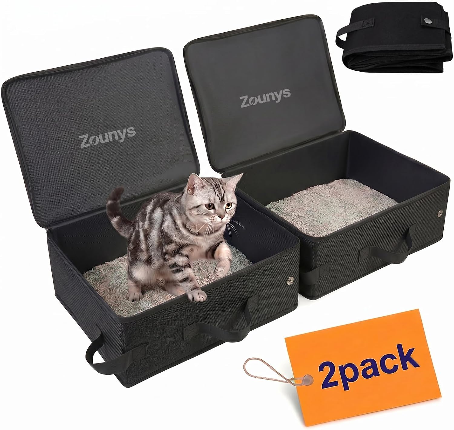 2 Pack Portable Travel Litter Box for Cats, Collapsible Travel Cat Litter Box with Zipped Lid, Waterproof Leak-Proof Small Cat Litter Box for Cats Outdoor Used in Car, Hotels, Camping
