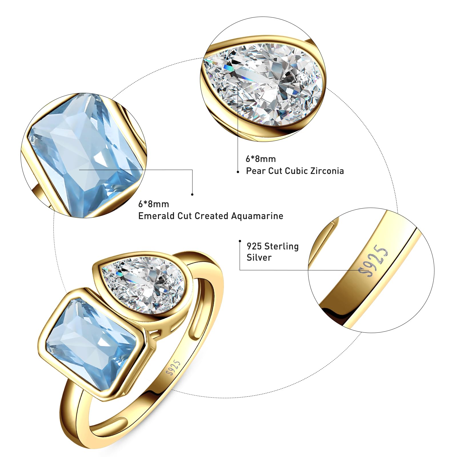 Yaresul Anillo de compromiso Toi Et Moi de plata de ley 925 chapado en oro de 14 quilates, anillo de compromiso para mujer, anillo de doble piedra, esmeralda y circonita cúbica de corte pera, anillo