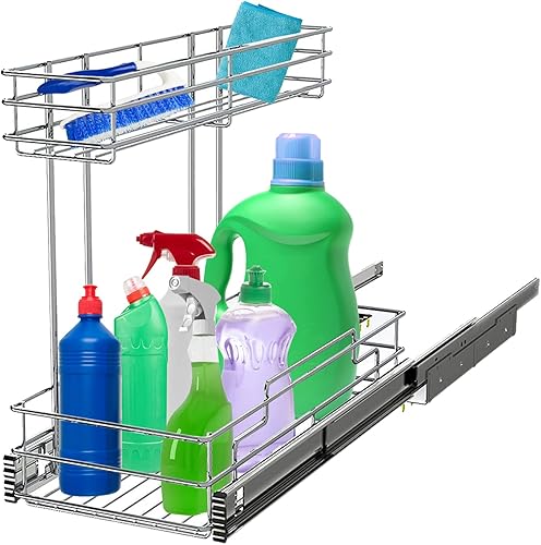 STORKING Organizador de gabinete extraĂble de 2 niveles para debajo del fregadero, cesta de estante de alambre deslizante para gabinetes de base de STORKING Organizador de gabinete extraĂble de 2 niveles para debajo del fregadero, cesta de estante de alambre deslizante para gabinetes de base de