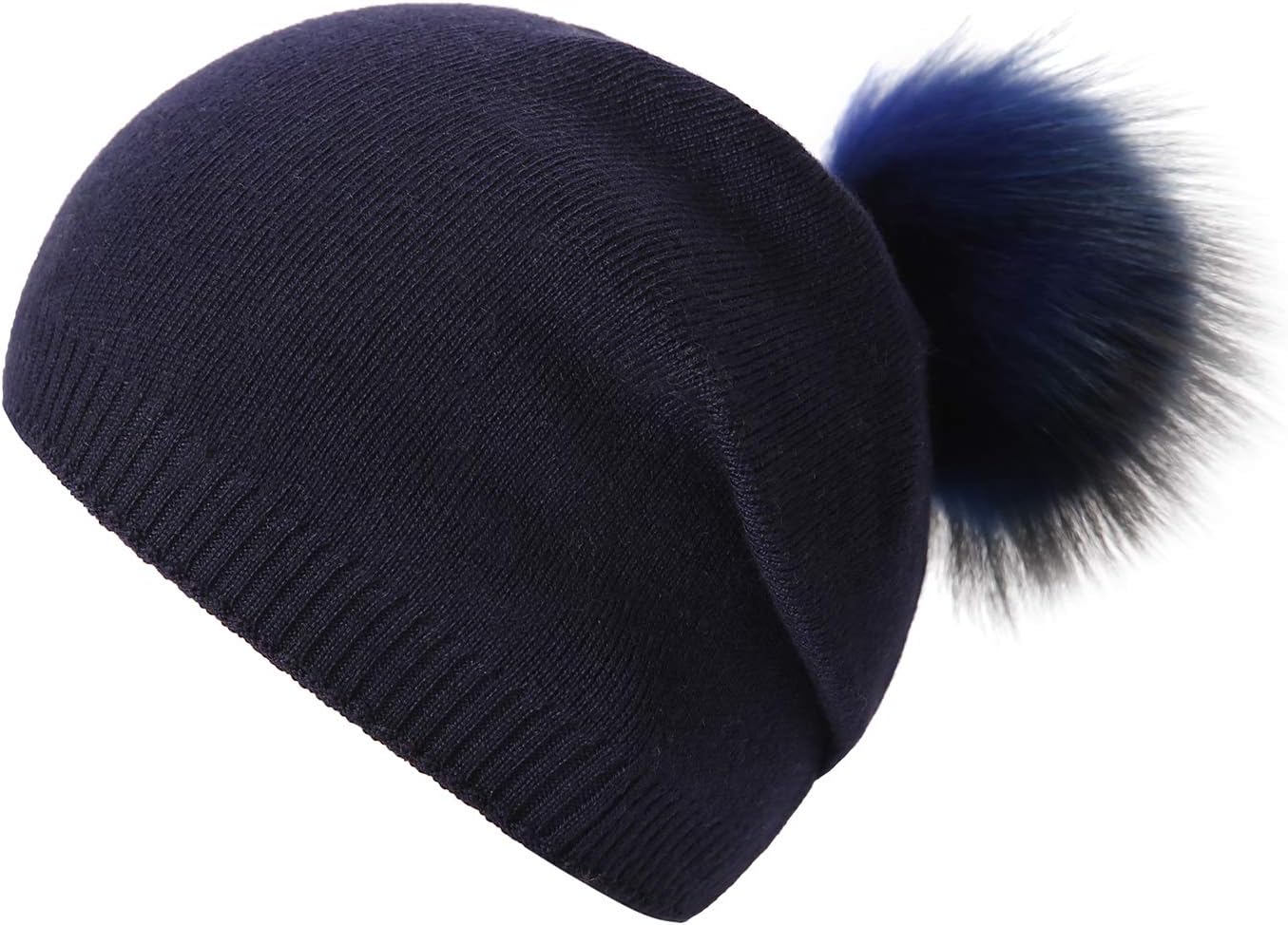 Women Knit Wool Beanie - Winter Fashion Solid Wool Hats Real Removable Raccoon Fur Pom Pom Warm Ski Beanie - Image 5