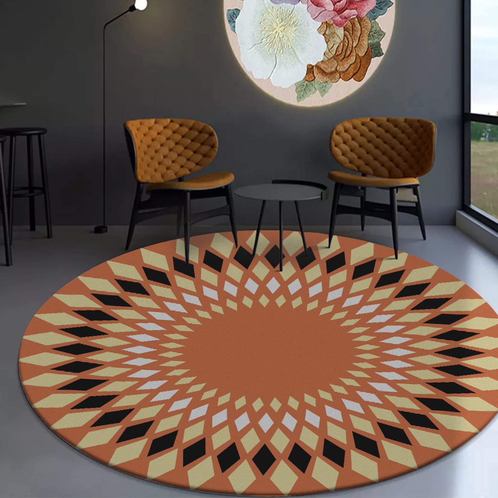 Ekologiczny duży okrągły dywanik Geometryczny romb czarny pomarańczowy okrąg Antypoślizgowe okrągłe dywany do sypialni Salon Wystrój żłobka ø 80 cm