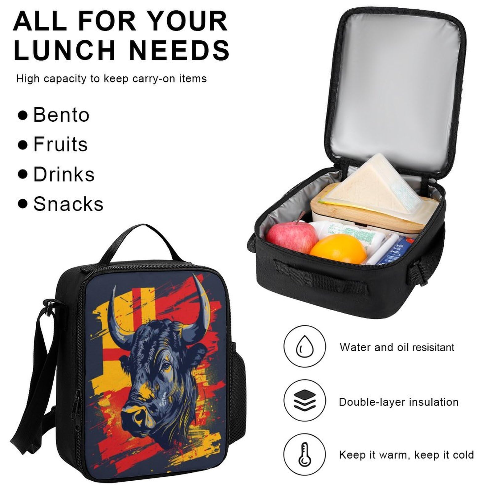 Sac à dos Taureau Personnalisé avec Boîte Déjeuner et Trousse Crayons, Lot de 3 Sacs d'école Imprimé Vache, Sac avec Boîte à Déjeuner