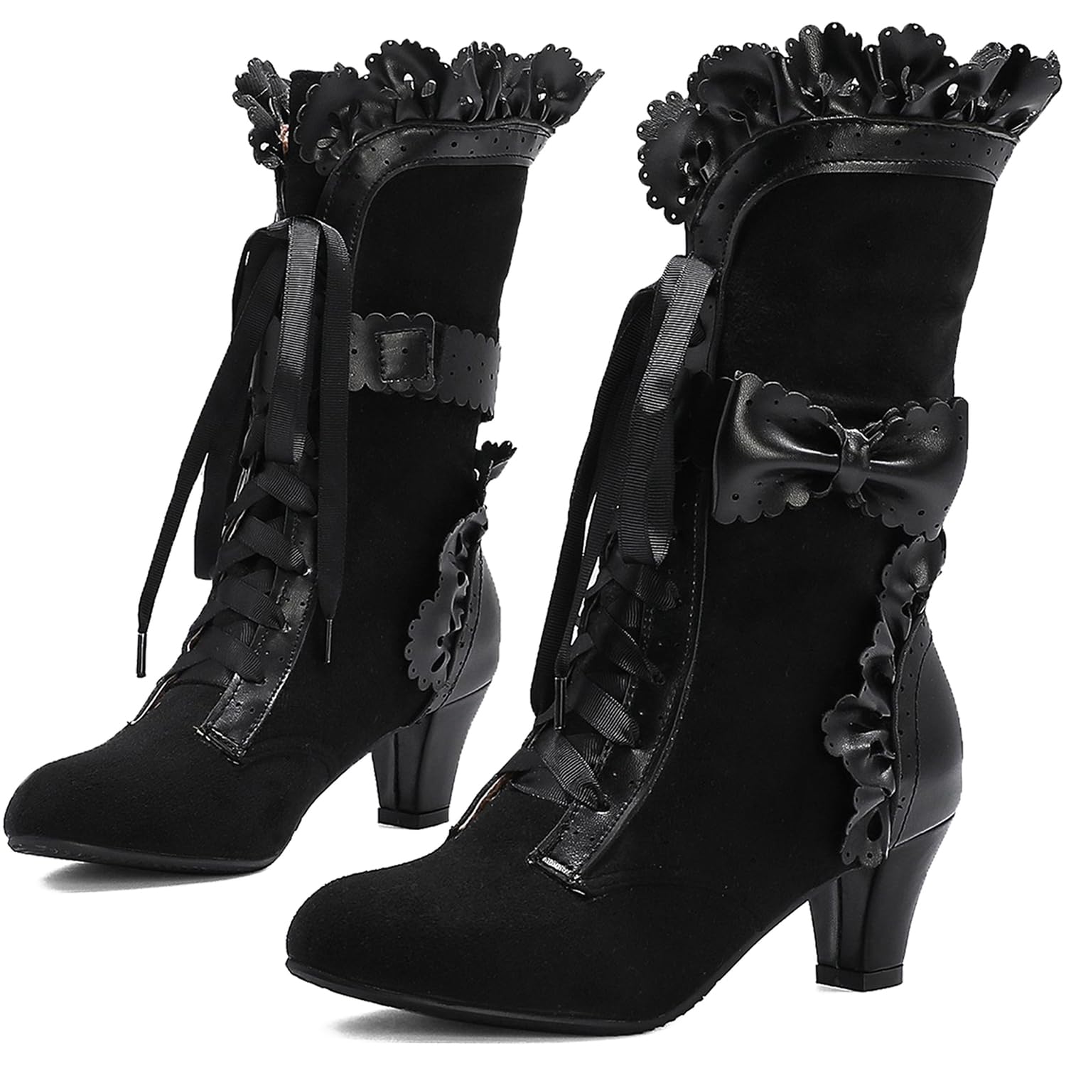 LanreyTaley Women Sweet Bow Boots Mid Heels Lace Up Victorian boots Mid Calf Kawaii Boot