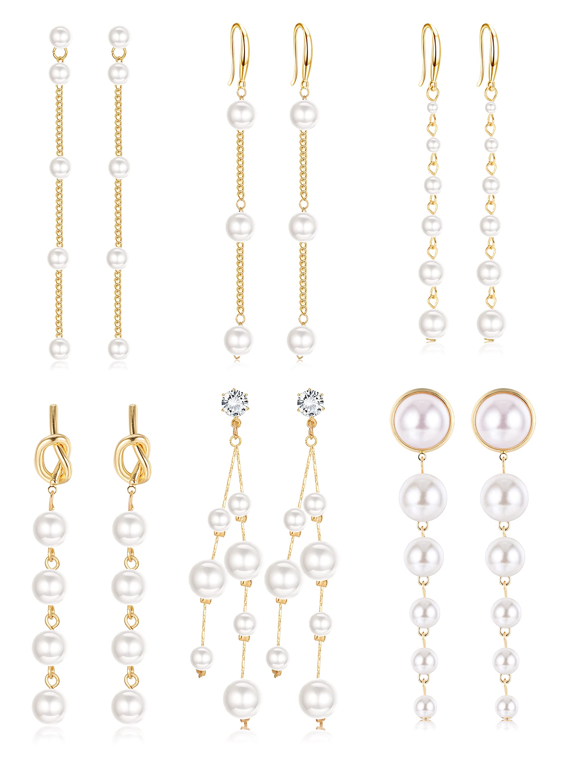 MILACOLATO 6Pares Pendientes Largos De Perlas Para Mujer, Chapados En Oro De 14 Quilates, Pendientes Colgantes De Perlas Con Borlas, Oro Plata Pendientes Colgantes De Perlas Joyería Para Boda Nupcial