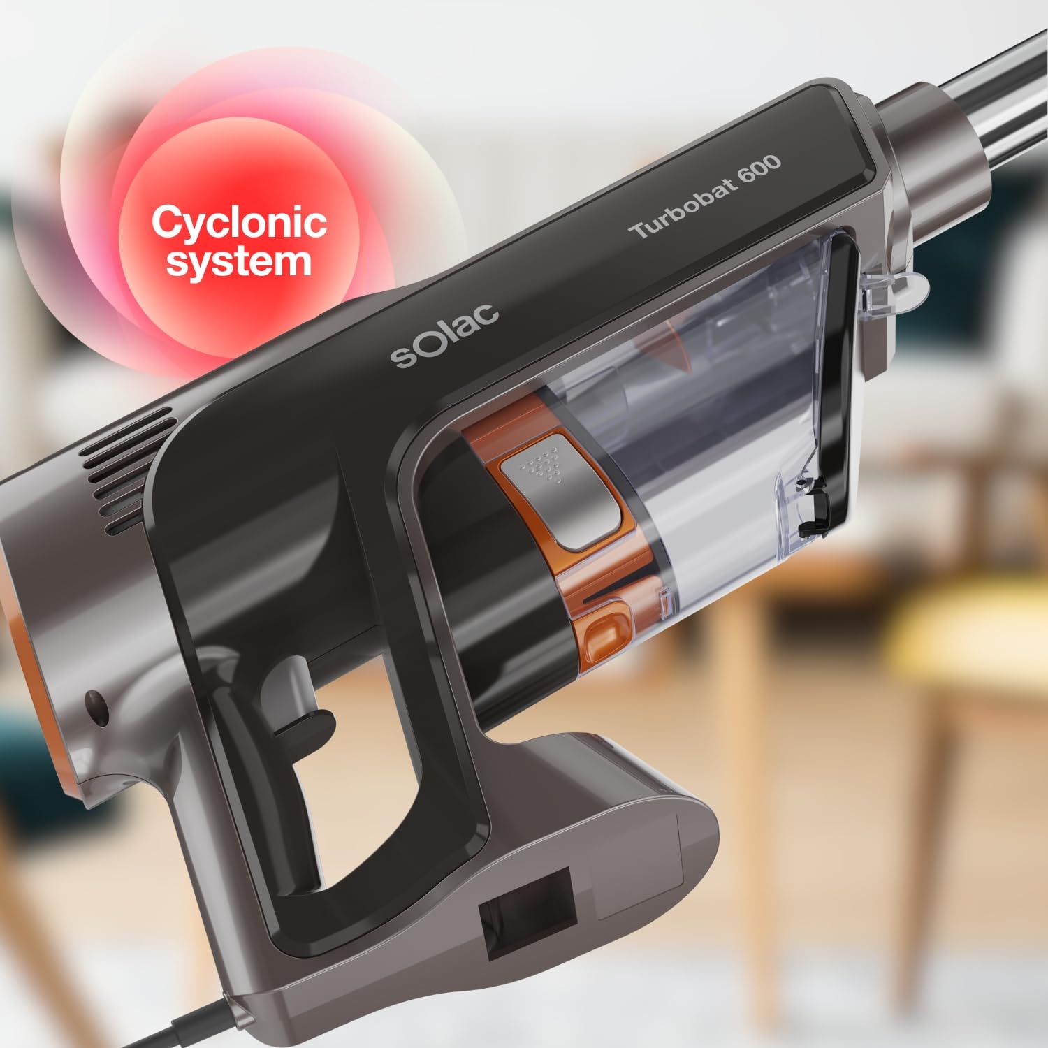 Solac - Aspirador Escoba Turbobat 600 | Potencia 12Kpa | Endless Powertech | Triple Sistema de filtrado ciclónico | Metal Mesh y HEPA | Depósito 800ml | Fácil Manejo | Accesorios Incluidos