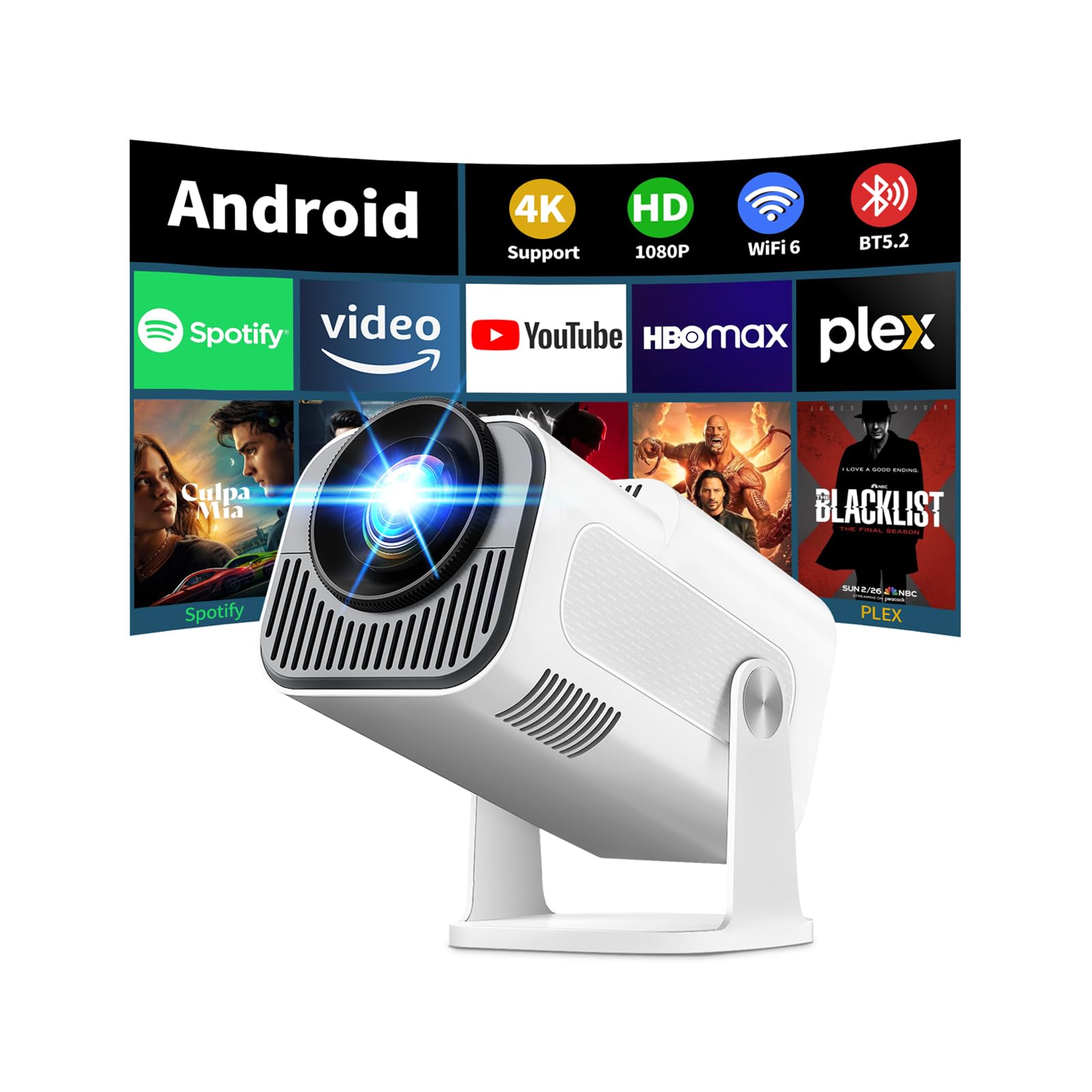 [App Integrada] 2026 Upgraded Mini Proyector 4K 1080P Proyector Vídeo con WiFi 6 Bluetooth 5.2 Support Gira 270° Corrección Trapezoidal Automática para HDMI/Stick/TV PC/USB, Blanco