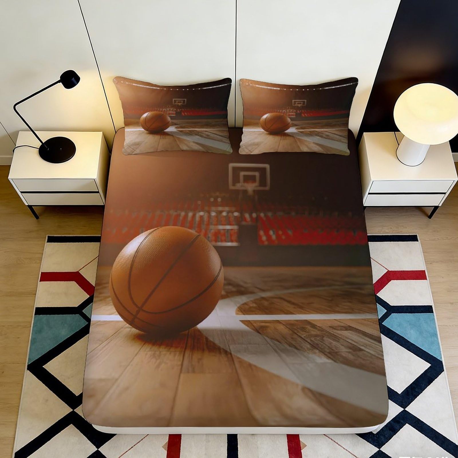 3D Printed Basketball Fitted Sheet Microfiber Soft Durable Basketball Court Bed Cover for Bedroom Dormitory Guest Room Mattress Protection 180x200x25cm
