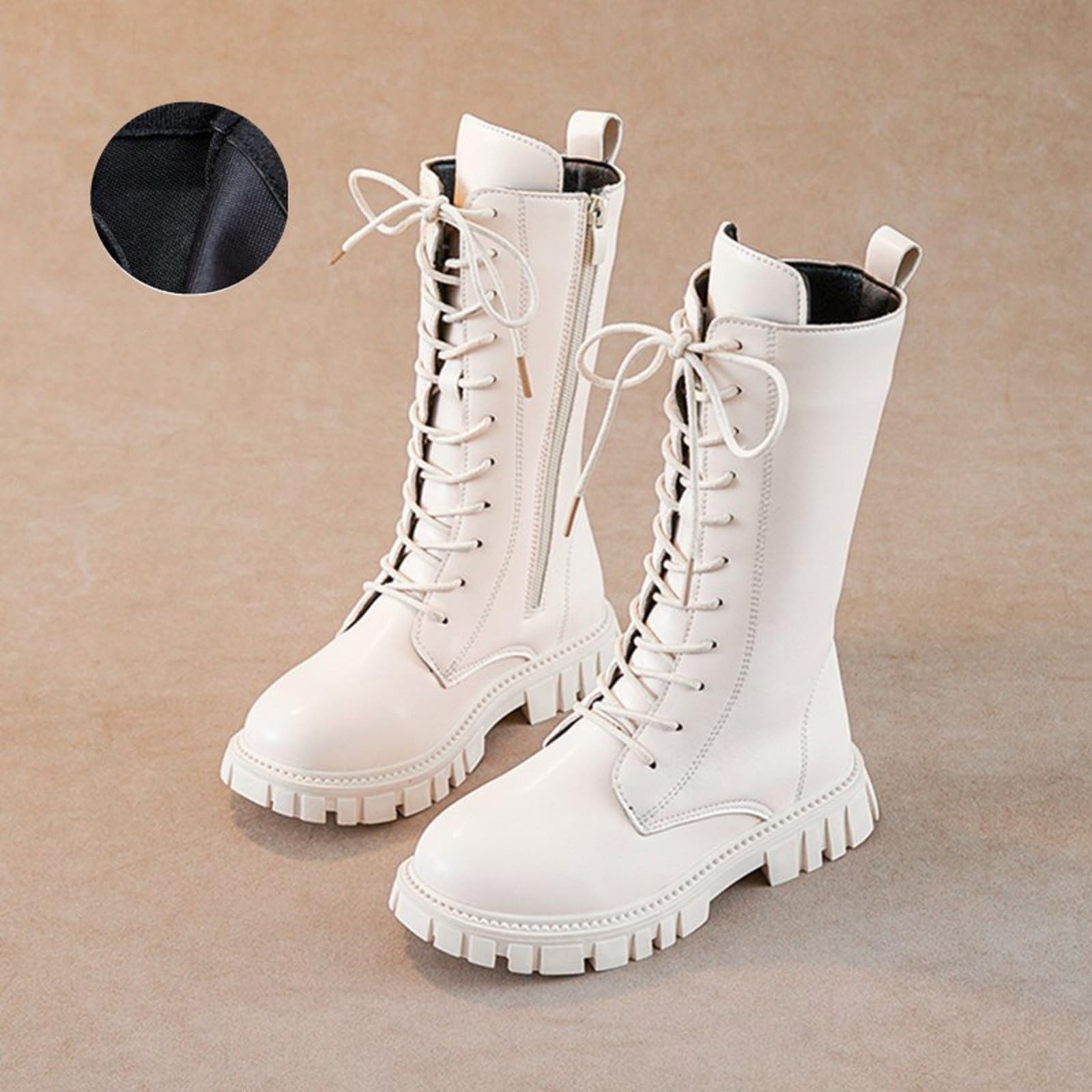 Botas Niña Altas hasta La Rodilla Botas Altas Botas De Combate Blancas Zapatos para Niña Zapatos Escolares De Piel SintéTica con Cordones Y Cremallera Lateral Punk Goth Boot De Princesa De Goma