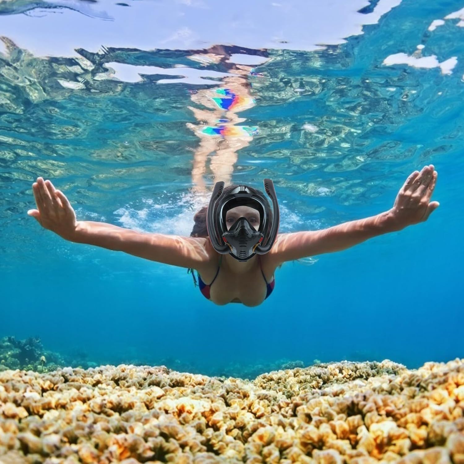 Luxshiny Full Face Snorkel Mask for Adults, Silicone Seal Diving Mask with Dual Tube, Anti-Fog Swim Glasses for Snorkeling and Diving, Small Size Black S/m, Dry Snorkel Design