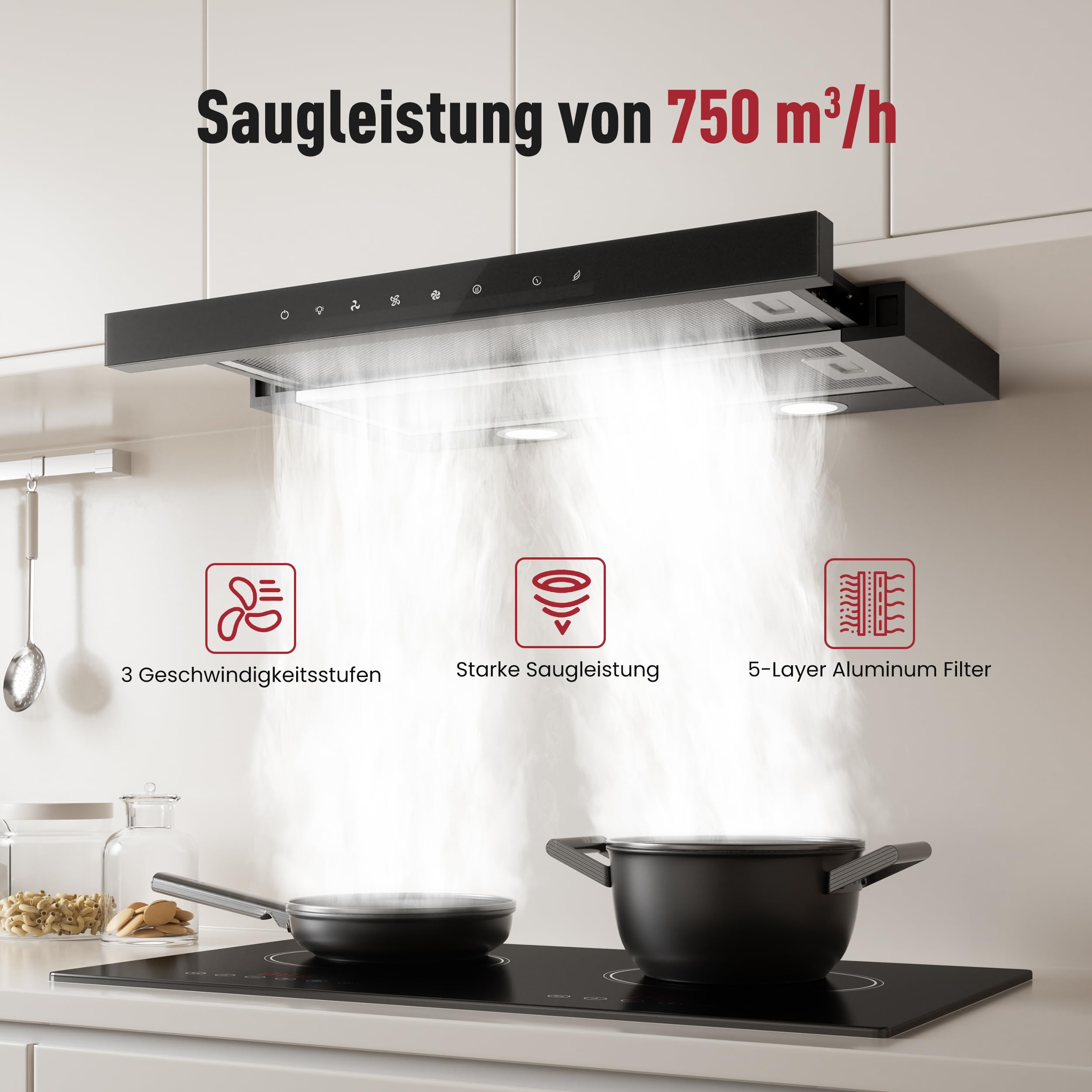 LEVIVO Dunstabzugshaube 60cm Unterbau Umluft Abluft 750 m³/h Flachschirmhaube 3 Stufen LED-Licht Ausziehbar Schwarz