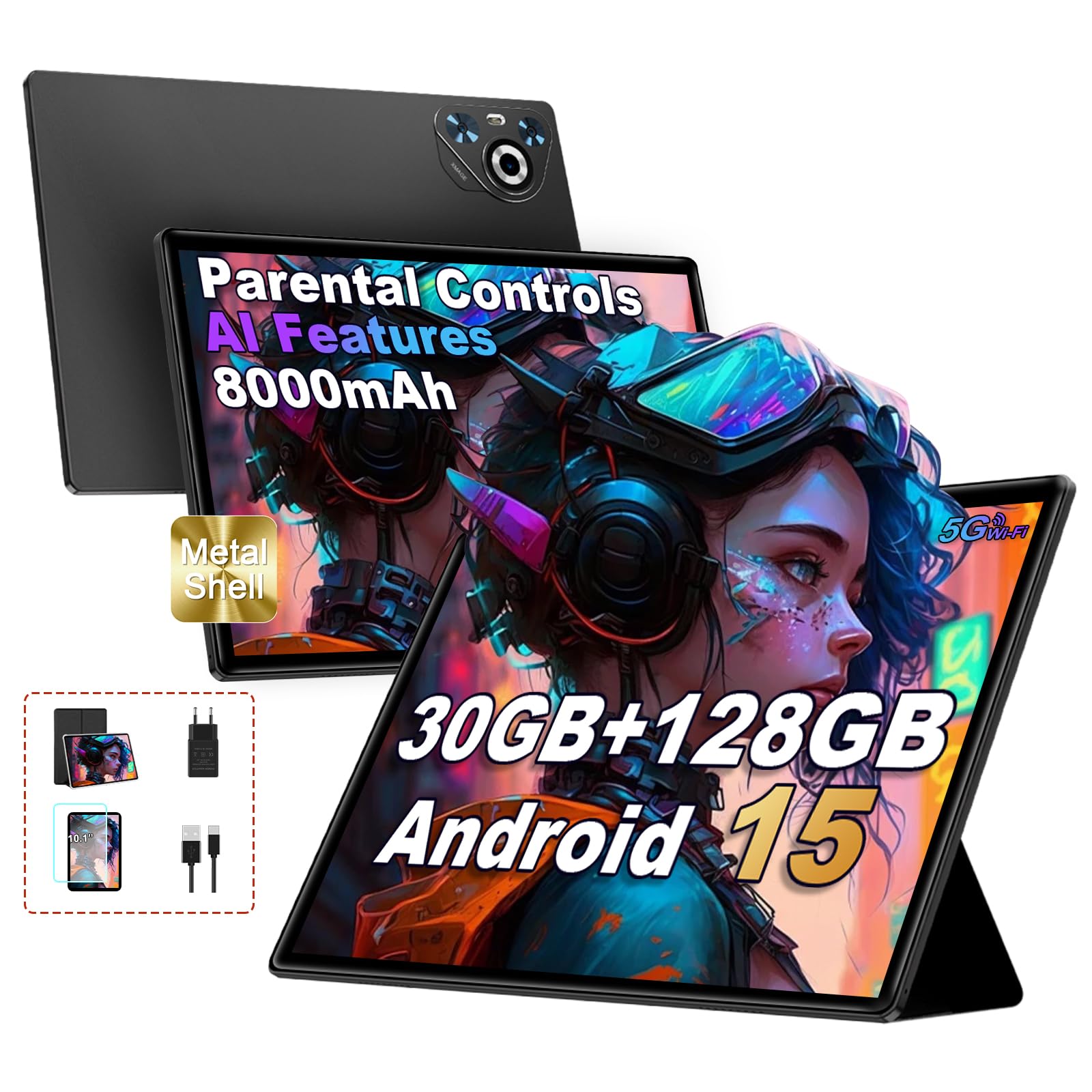 Tablet 30GB RAM 128GB ROM(TF 2TB Espandibile), 10 Pollici 8000mAh/ WIFI 5G/ BT5.0/ OTG/ Camera 5+8 MP, Certificazione GMS, Widevine L1, Tablets Corpo in Metallo con Custodia Protettiva -Notte nera