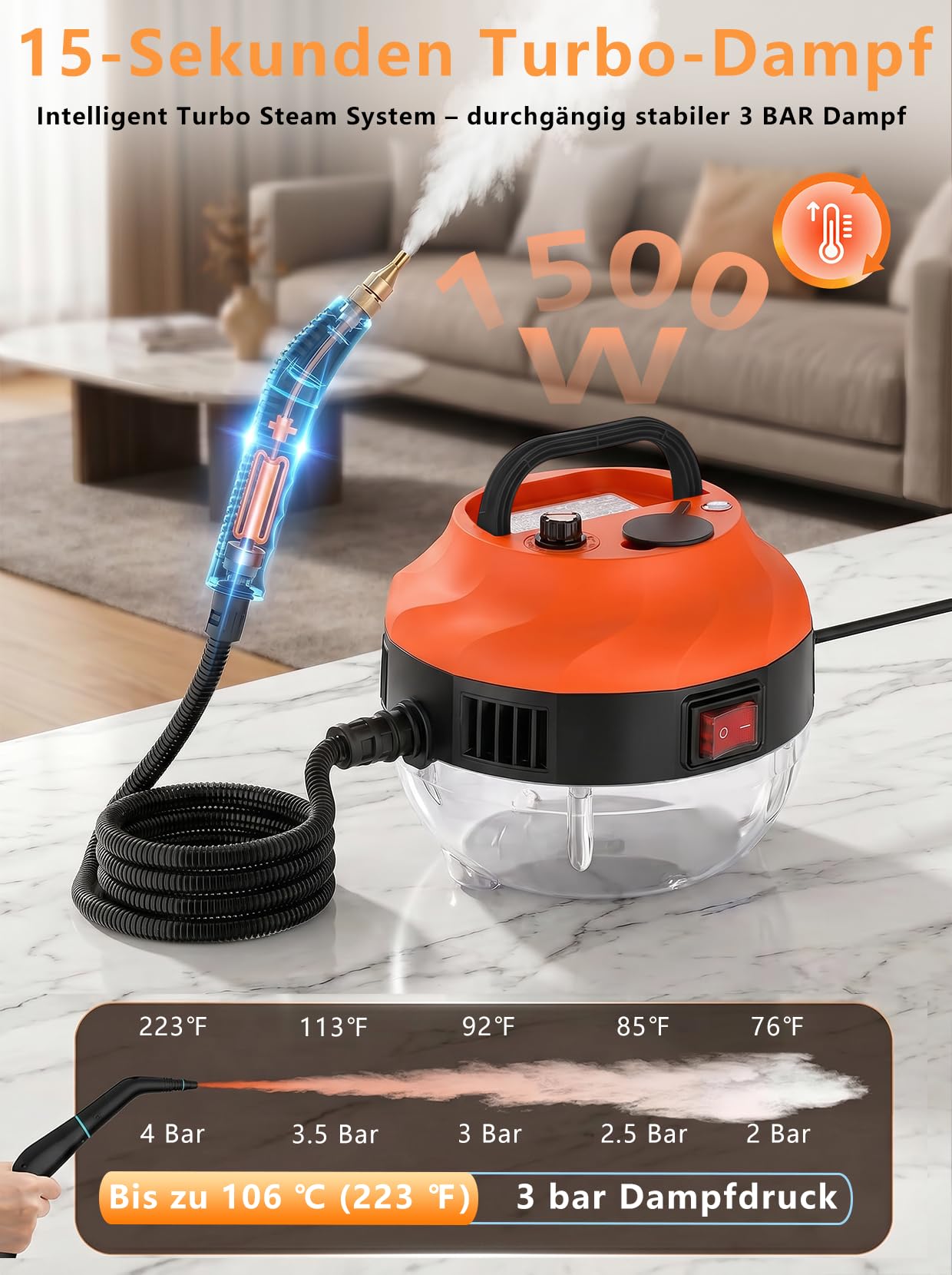 Limpiador a Vapor 1500W, 105℃, 6 Niveles, 3BAR Portátil | Vapor 105℃ 3BAR, 15 s calentamiento. Depósito 1,3L, 6 niveles, 3 cepillos. Sin químicos, para cocina baño coche.