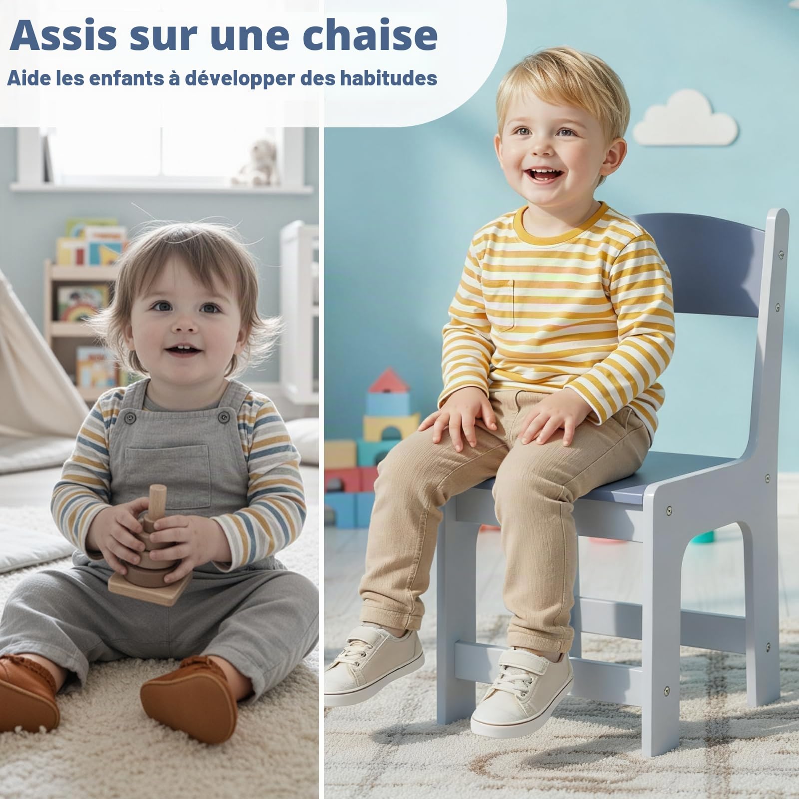 MAMIZO Lot de 4 chaises pour enfant en bois - À partir de 1 an - Hauteur d'assise : 27 cm - Chaises pour enfant jusqu'à 80 kg - 55 x 30 x 28 cm - Table pour enfant - Avec dossier et repose-pieds