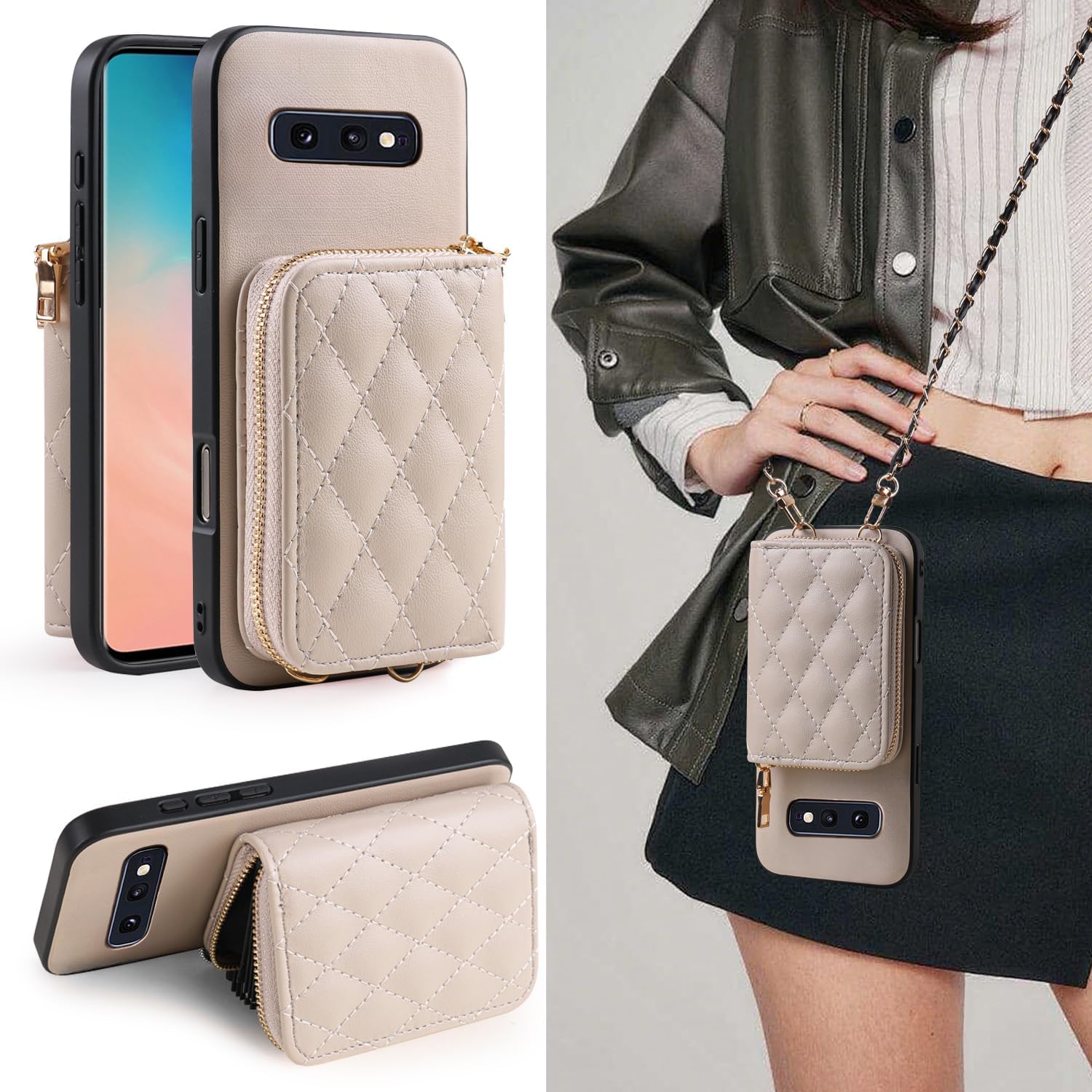 Argyle Wallet Cover for Samsung Galaxy S10e & Tempered Glass Screen Protector Shoulder Strap, Luxury PU Leather Zipper Organ Card Holder Stand Phone Case for S 10e 10se Se10 Women Girls Khaki