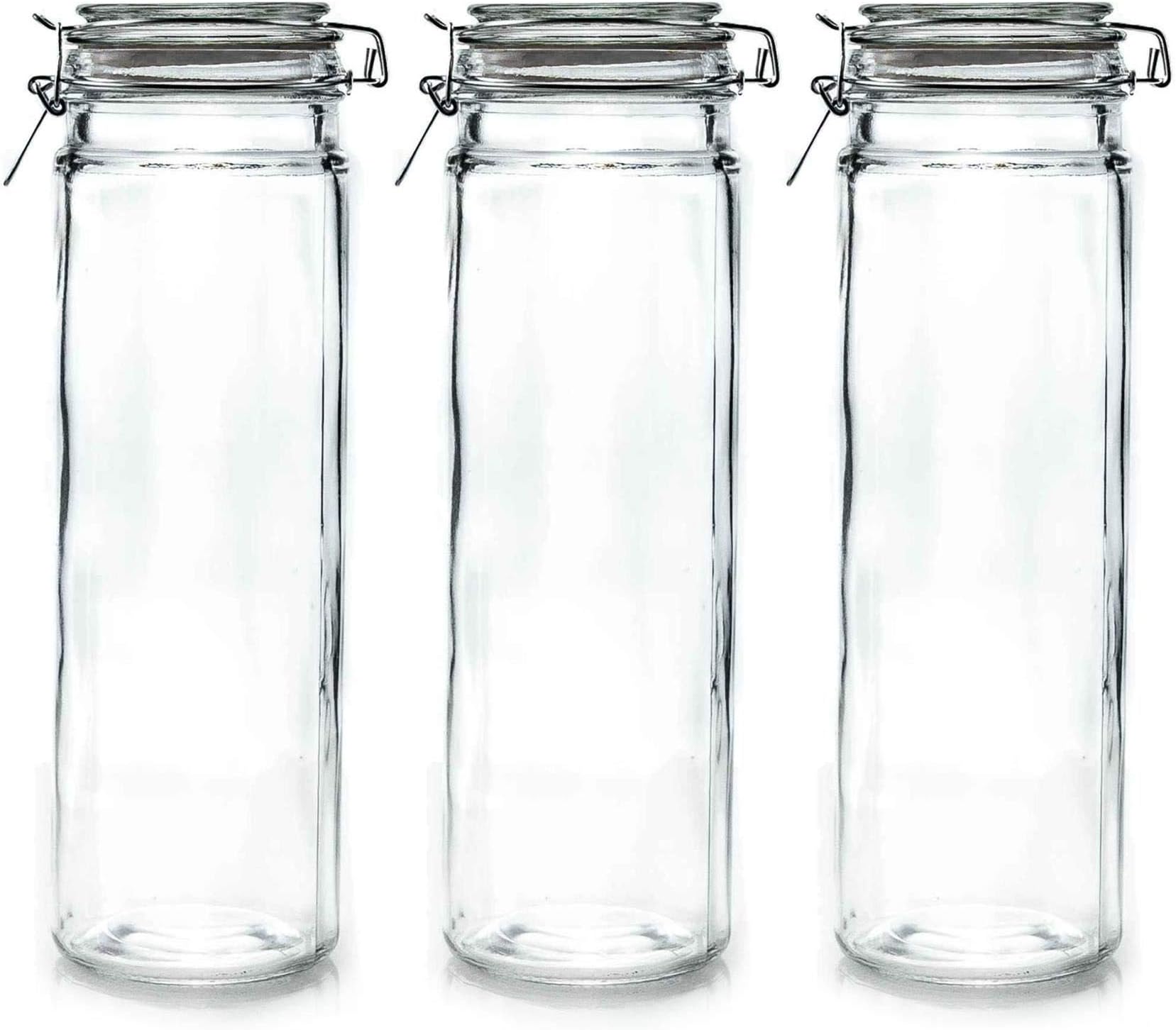 Argon Tableware Glass Spaghetti Jars with Airtight Clip Lid - 2 Litre Set - Black Seal - Pack of 3