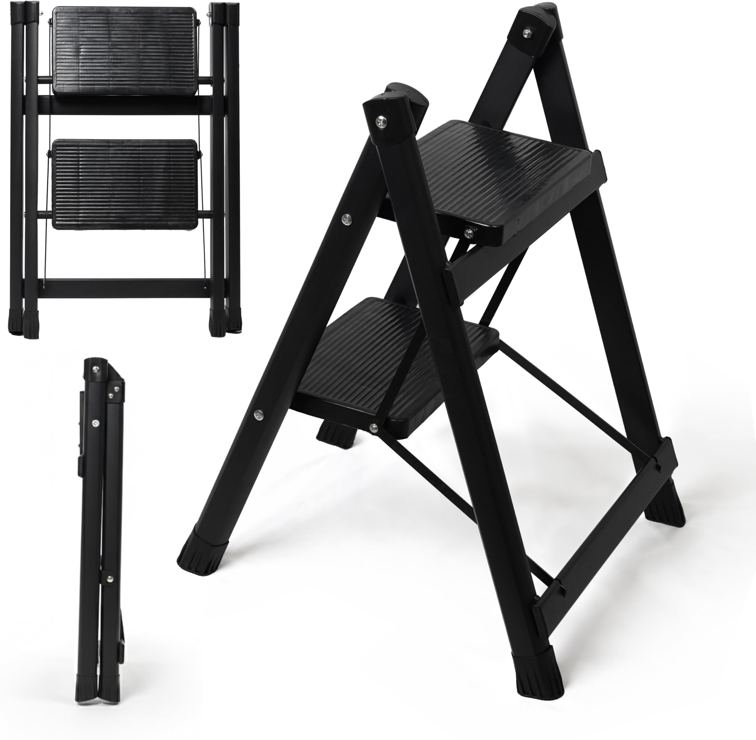 Sgabello Pieghevole in Acciaio al Carbonio e PP Rinforzato – Portata fino a 500 kg – Superficie Antiscivolo e Design Salvaspazio