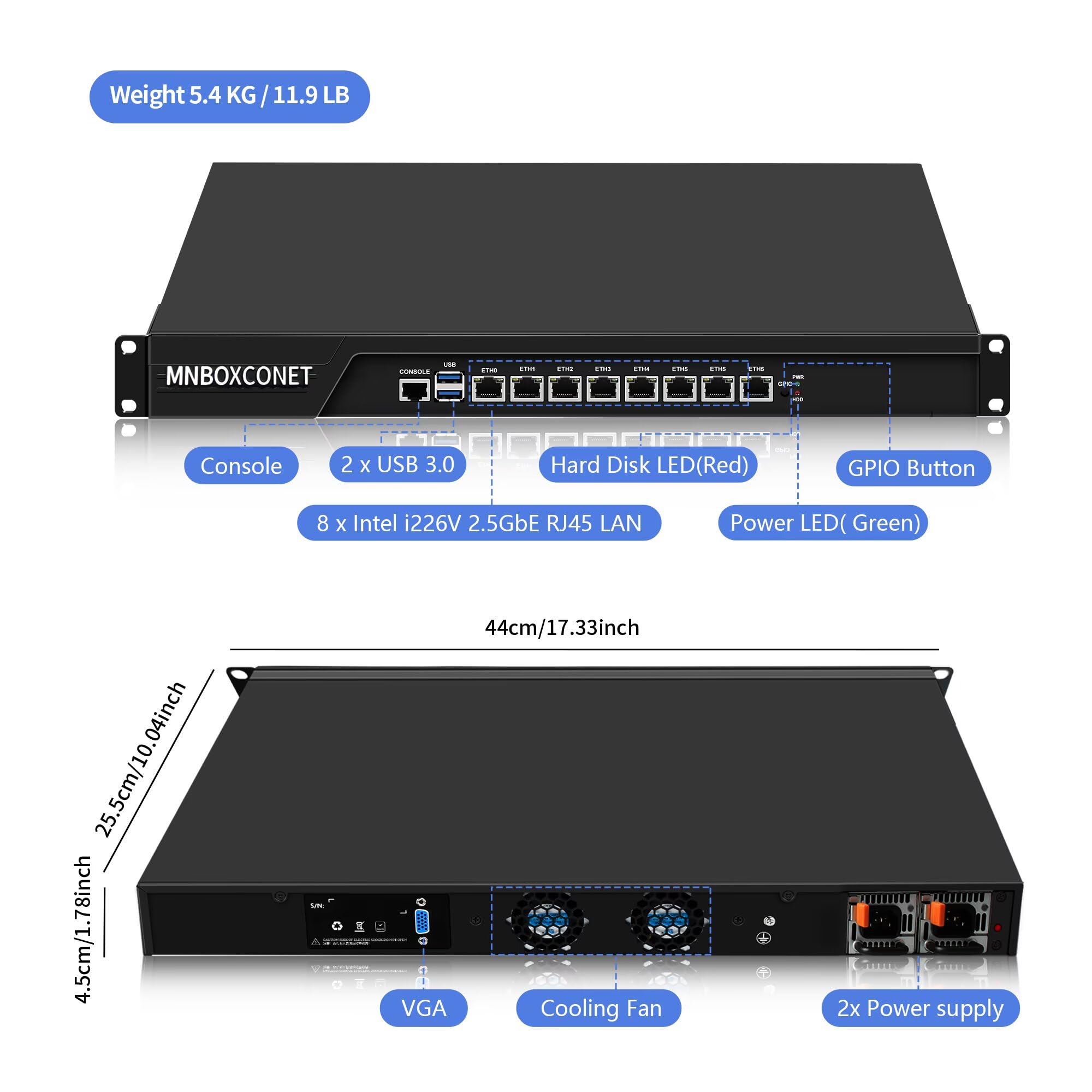 1U Firewall 19" Routeur Appliance C236 Core i3 8100, 8 x 2,5 Gigabit Ethernet OPNsense, 16 Go RAM 128 Go SSD, Redundancy Power Supply USB 3.0, Console, serveur de matériel réseau