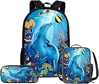 Vista 1 de Xpyiqun Juego de mochila escolar para niÃ±os con caja de almuerzo, OcÃ©ano delfÃ­n, talla Ãºnica