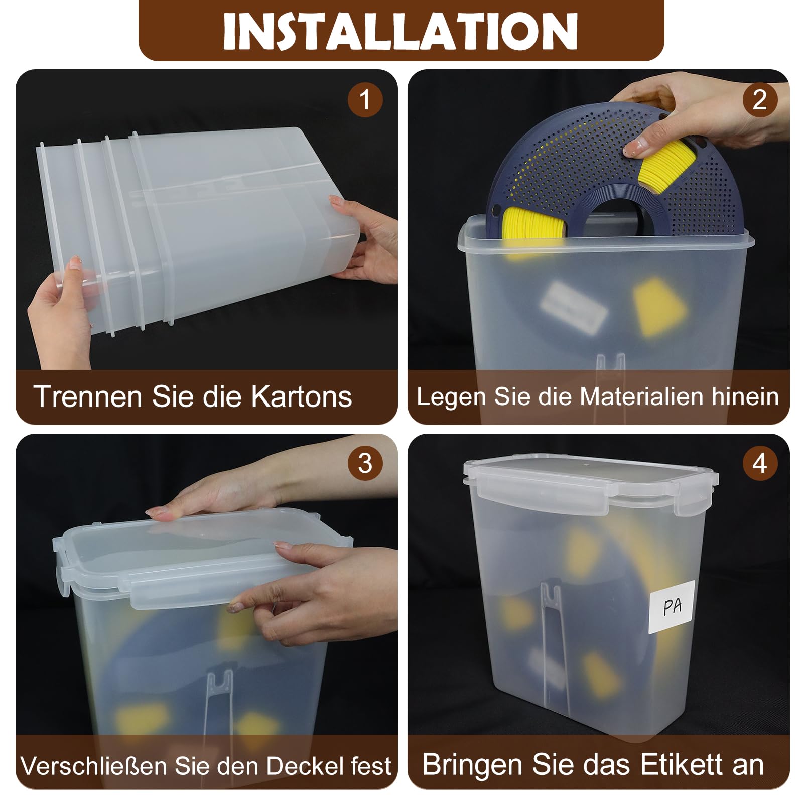 Filament Aufbewahrungsbox für 3D Druck Filament Versiegelung und Schutz - 8 Pack Filament Container - Tragbare Aufbewahrung, Feuchtigkeits- und staubgeschützt 4.0L