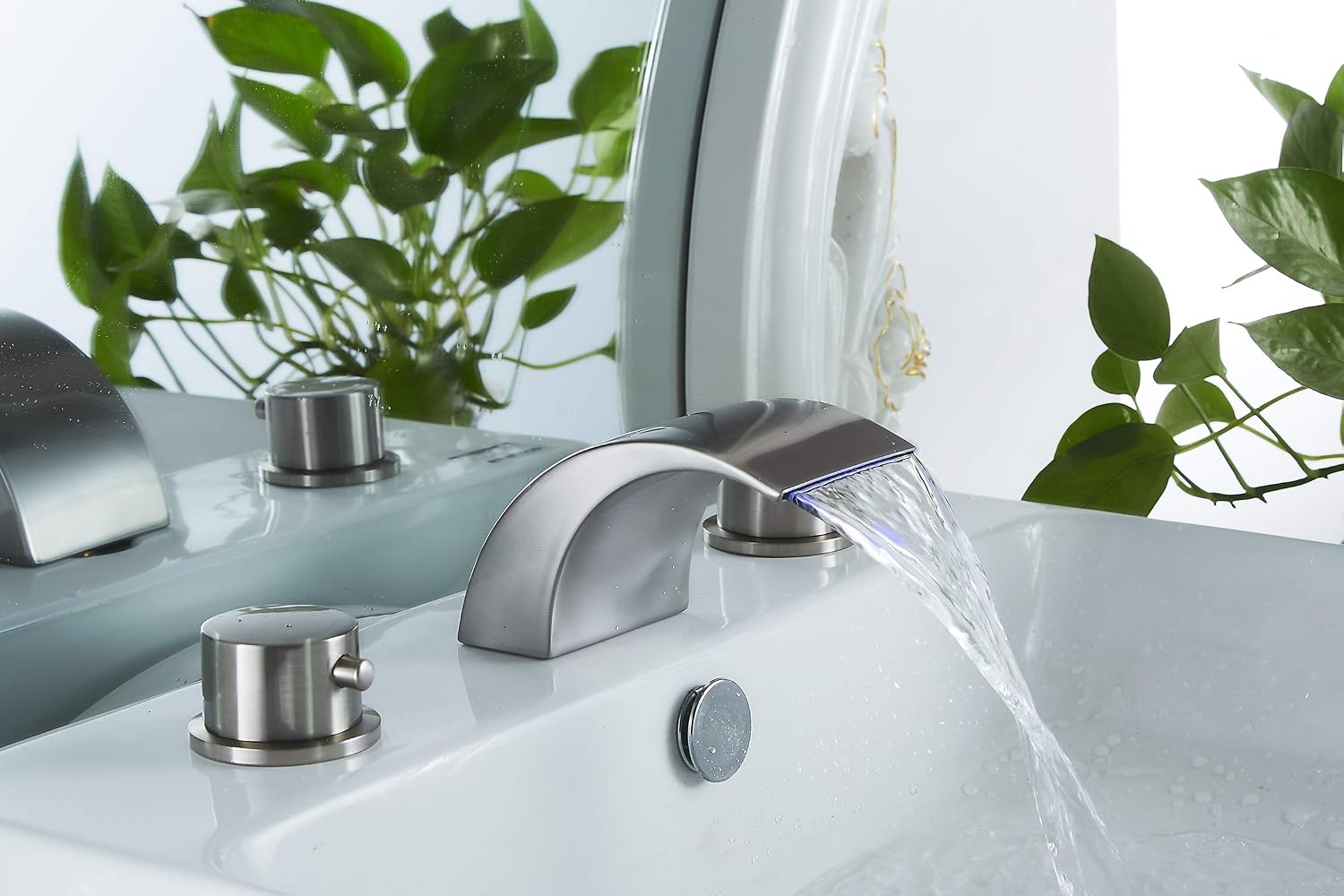 Black Friday - 40% OFF Bathroom Faucet Brushed Nickel GGStudy 2 Handle 3 Hole 8inch Widespread Bathroom Sink Faucet Led Light 3 Colors No Need Battery Waterfall Bathroom Vanity Faucet