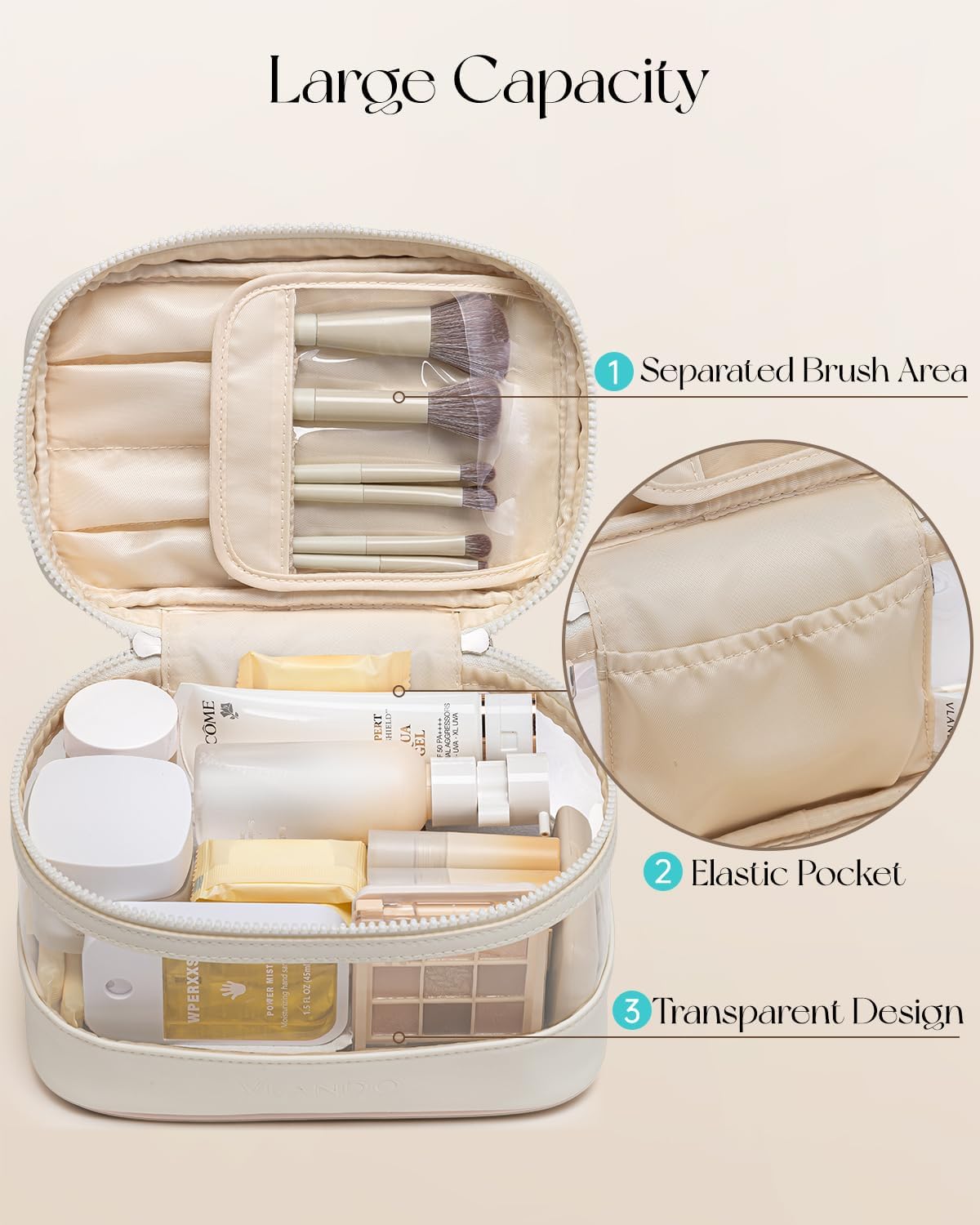 VLANDO Travel Makeup Bag, Large Travel Toiletry Bag for Women Girl, Waterproof Cute Cosmetic Bag with Handle, Clear Make up Bag for Cosmetic, Brushes, Skincare-Cream White