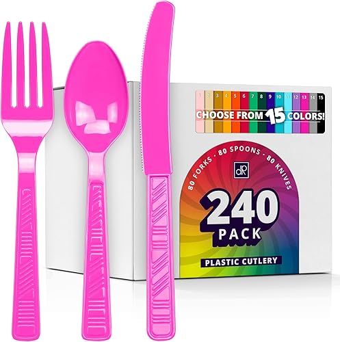 DecorRack Juego de cubiertos de plástico, juego de cubiertos de plástico rosa fucsia para fiestas, 240 piezas a granel de plástico resistente (rosa