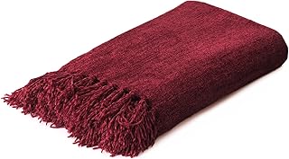 Red Chenille Throw Blanket Soft Cozy Woven Fringe Tassel Throw for Sofa Couch Bed Living Room (Red,50" X 60")