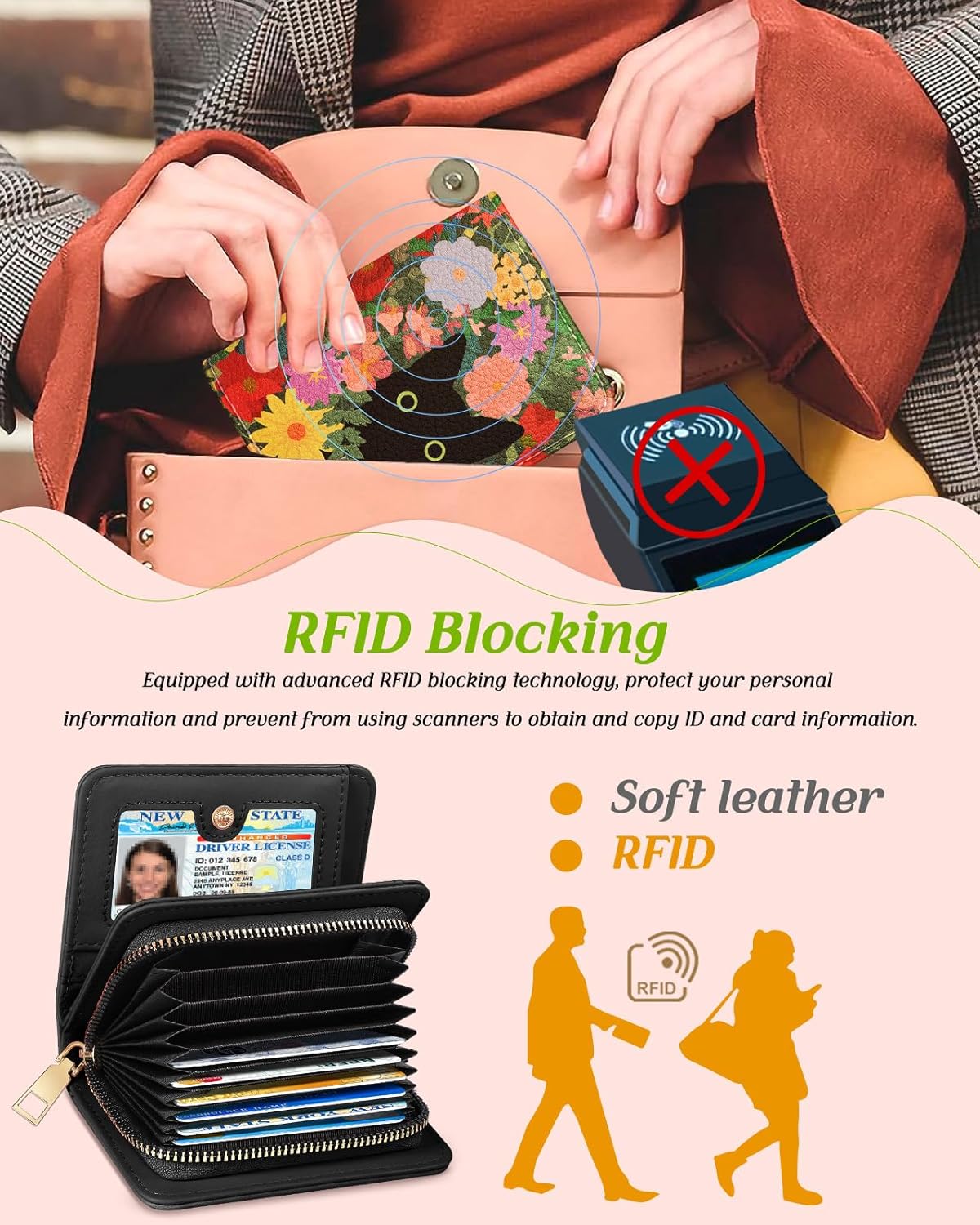 Bistup Credit Card Holder Wallet for Women Cute Leather Ladies Teen Girls Female Cardholder Wallets Accordion Purse Small Medium Aesthetic Print Modern Design Rfid Zipper Around - Image 5