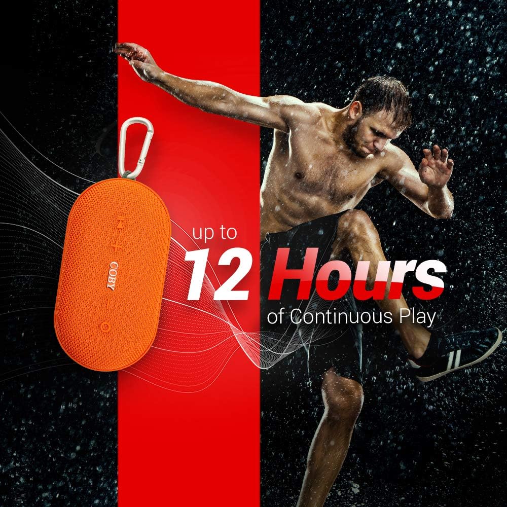 Coby Portable Bluetooth Speaker with included accessories: Micro-USB charging cable, auxiliary audio cable, suction cup, and carabiner.