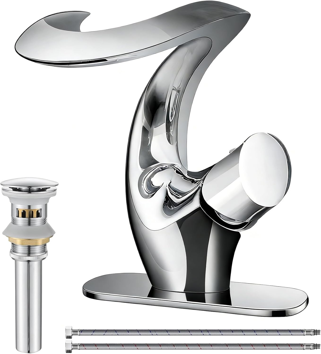 Elegant Alien Chrome Bathroom Sink Faucet Single Hole,AUU Chrome Polished Waterfall Vanity Sink Faucet Solid Brass,Single Handle Basin Tap with Pop Up Drian&Deck Plate