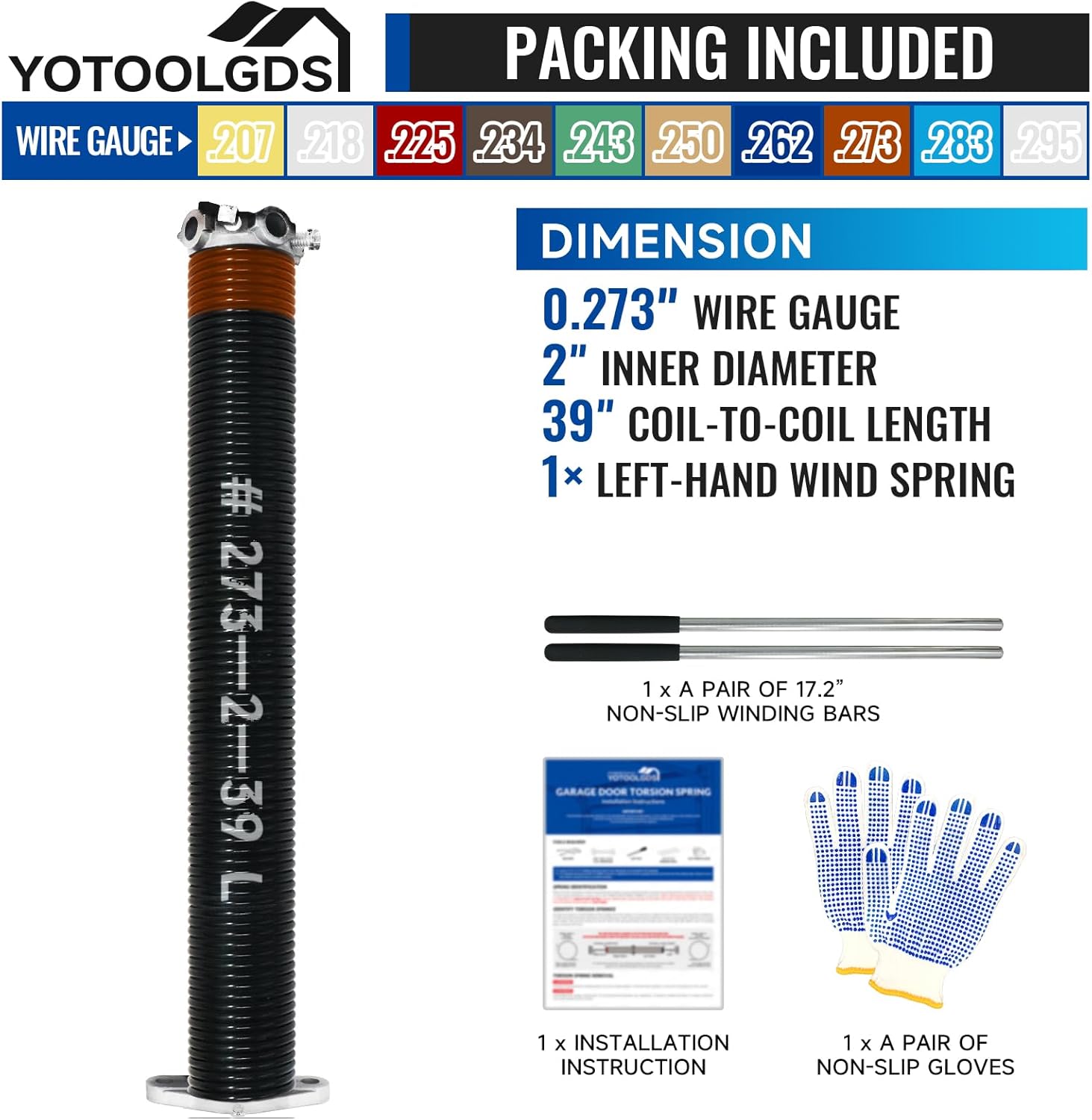 left hand wind?black cone?2" garage door torsion spring with non-slip winding bars & gloves, high precision electrophoresis black coated, for replacement, min 16,000 cycles (0.273x2''x39'') 0.273x2"x39"-l