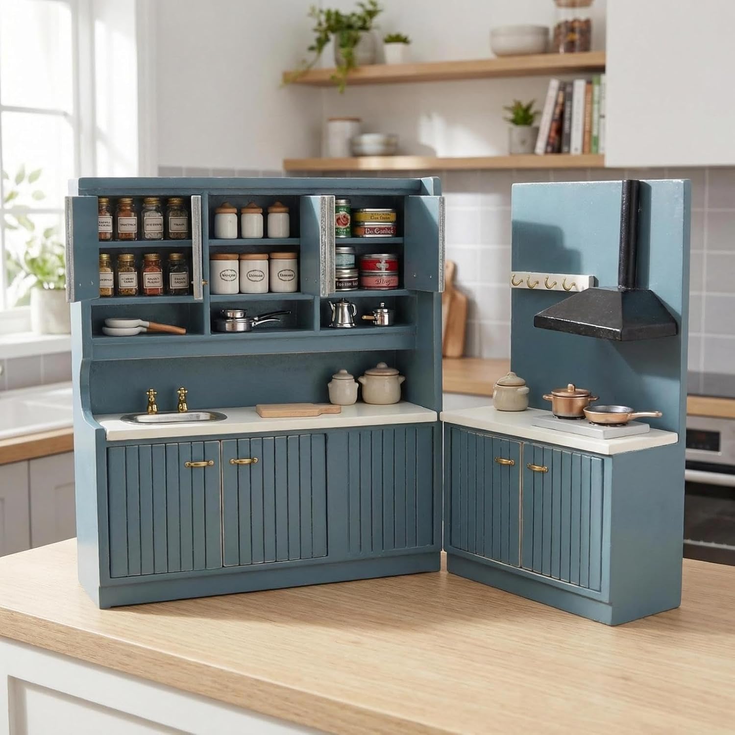 Dollhouse Kitchen Set Miniature Wooden Furniture Cabinet Dining Room Kitchen Kit 1/12 Scale Wooden Dollhouse Accessories (Style-A-Blue)