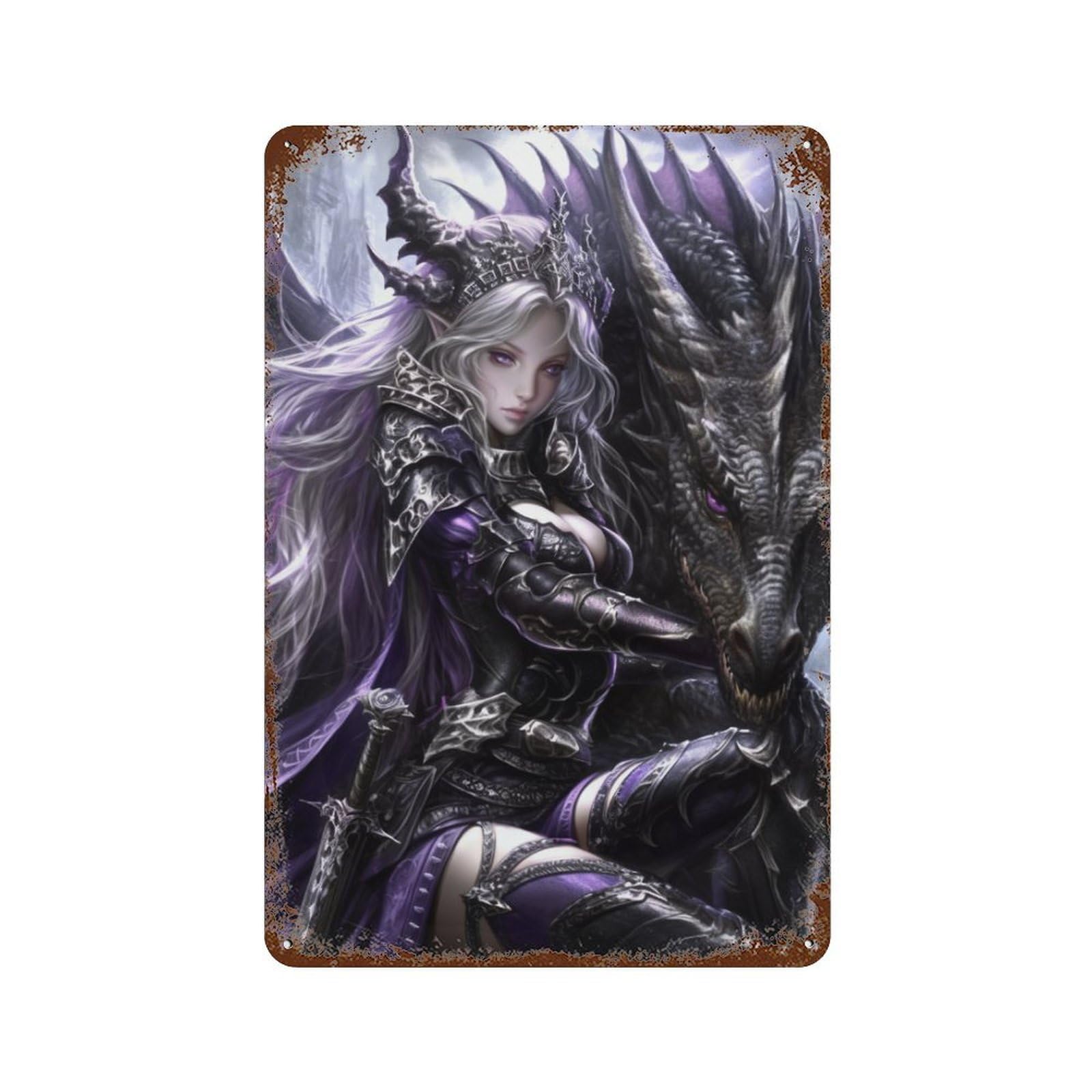 Dragon Queen Fantasy Artwork Rustic Tin Plaque 11.8"x7.9", Industrial Home Decor for Pub, Kitchen And Man Cave Decor